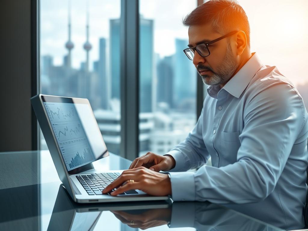 A professional financial advisor in a modern office setting, reviewing