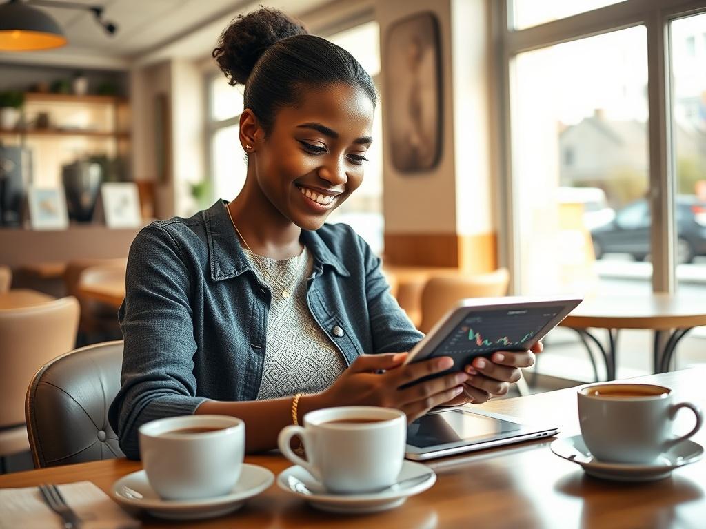 A young woman engaged in trading cryptocurrencies on her tablet