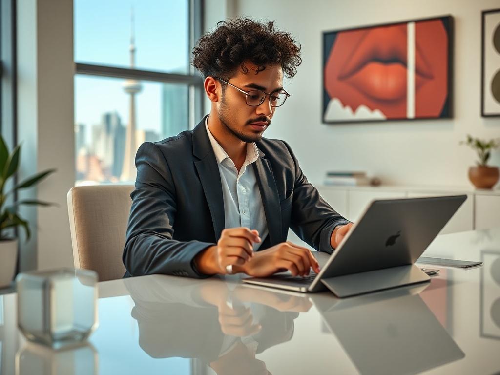 Create a highly detailed, hyper-realistic, high-resolution image that captures the founding story of Wealthsimple, focusing on its mission to democratize investing for Canadians. 

**Subject**: A thoughtful young professional, a Canadian of diverse background, sits at a sleek, modern desk in a bright, minimalist office space. They are engrossed in a digital tablet displaying an investment platform interface, symbolizing the accessibility and innovation Wealthsimple offers.

**Background**: The office featur